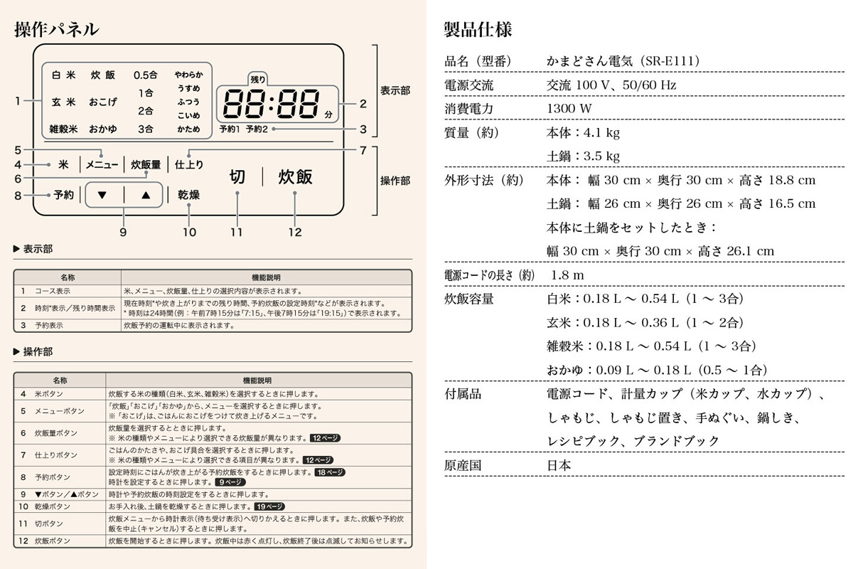 操作パネル・製品仕様