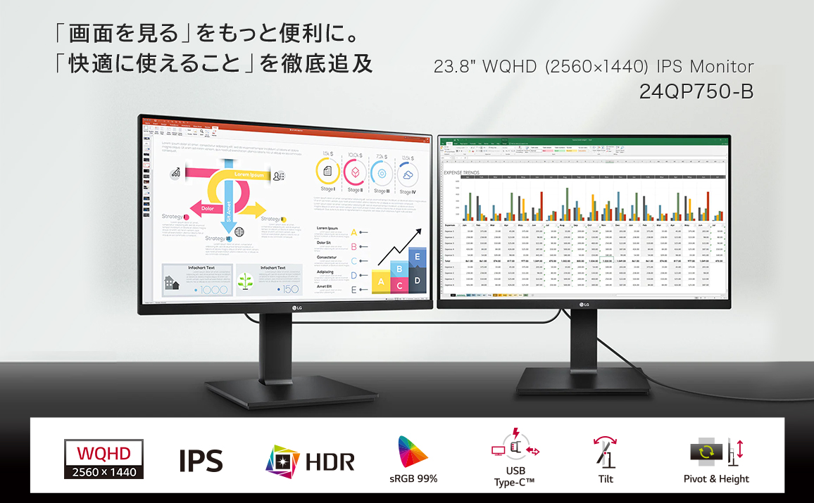 「画面を見る」をもっと便利に。「快適に使えること」を徹底追及 23.8'WQHD(2560×1440)IPS Monitor 24QP750-B