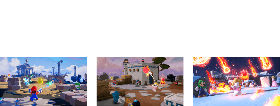 本作の軸となるバトルは、ターン制の戦略シミュレーション。３人１組でチームをつくり、マス目のないステージを自由に移動しながら、敵チームと戦います。ステージの構造や敵の位置、キャラクターの特性にあわせた立ち回りが勝利へのカギです。