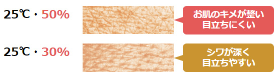 25℃で50%の場合、お肌のキメが整いシワが目立ちにくい。25℃で30%の場合、シワが深く目立ちやすい