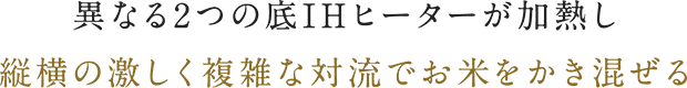 異なる2つの底IHヒーターが加熱し縦横の激しく複雑な対流でお米をかき混ぜる