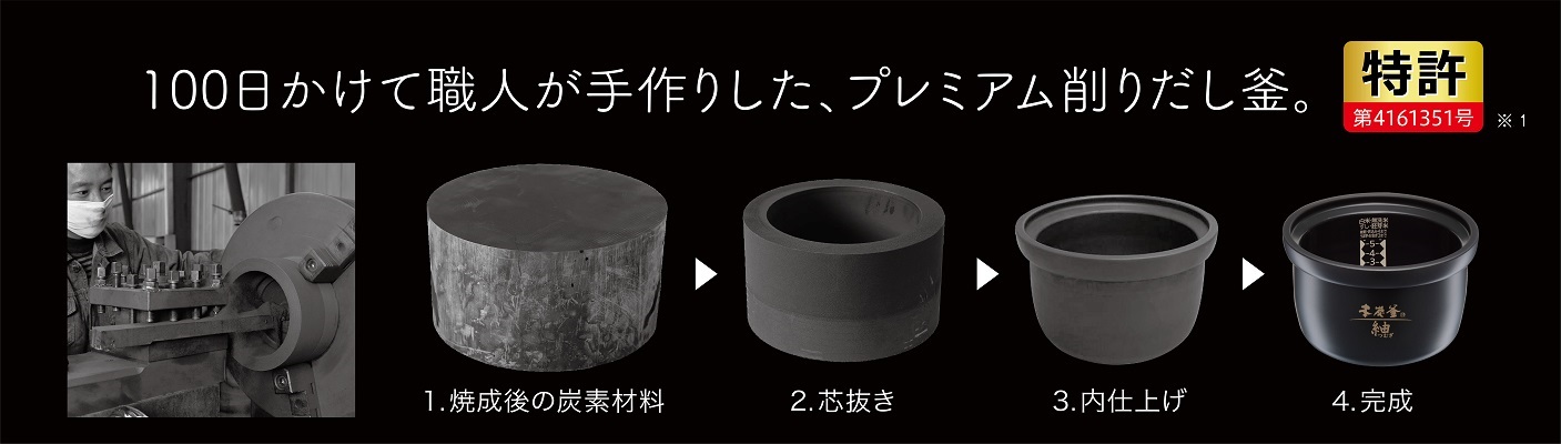 100日かけて職人が手作りした、プレミアム削りだし釜。特許第4161351号※1 焼成後の炭素材料から芯抜き、内仕上げ、完成のイメージ画像