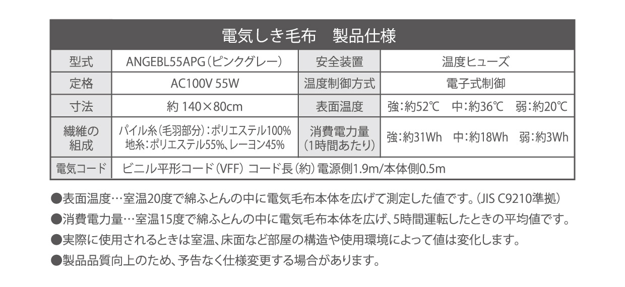 電気しき毛布 製品仕様