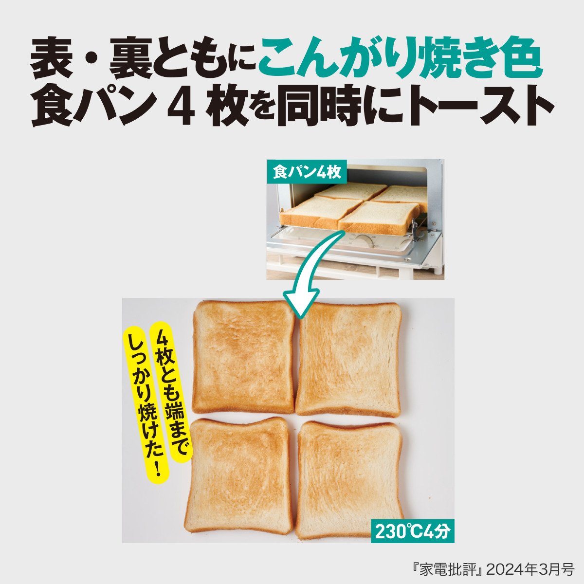 表・裏ともにこんがり焼き色 食パン4枚を同時にトースト