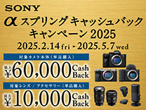 aスプリングキャッシュバックキャンペーン2025 カメラ本体（単品購入）最大60,000円キャッシュバック、アクセサリ・対象レンズ（単品購入）最大10,000円キャッシュバック