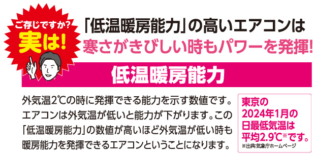 「低温暖房能力」の高いエアコンは寒さがきびしい時もパワーを発揮！