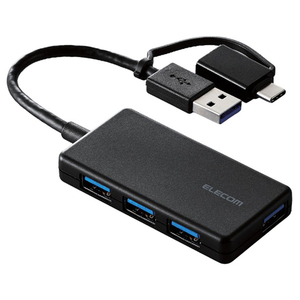 エレコム USB Type-C(TM)変換アダプター付き USB3．0超薄型ハブ゛ ブラック U3H-CA4004BBK-イメージ1