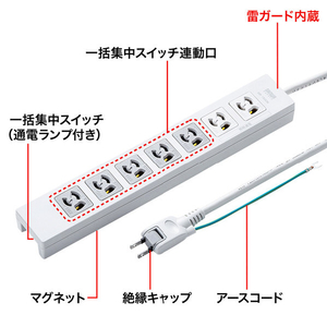 サンワサプライ 電源タップ(3極抜け止めタイプ・7個口・コード長2m) TAP-F37-2KSRP-イメージ2