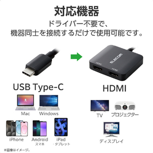 エレコム USB Type-C(TM) - HDMI(R)変換アダプター 2ポート(12cm) ブラック AD-CHDMI2BK2-イメージ6