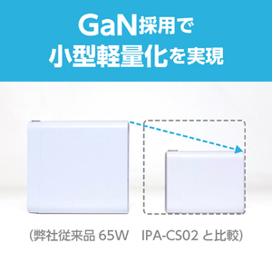 ミヨシ USB PD対応 GaN USB-ACアダプタ 65W Type-Cケーブル付 ホワイト IPA-CS03/WH-イメージ4