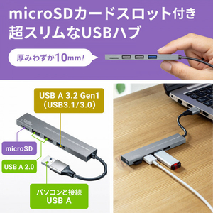 サンワサプライ USB 3．2 Gen1+USB2．0 コンボ スリムハブ(カードリーダー付き) シルバー USB-3HC319S-イメージ11