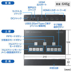 サンワサプライ 4入力1出力HDMIスイッチャー(4K対応/画面分割/キャプチャ機能付き) SW-UHD41UVC-イメージ18