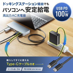 サンワサプライ USB PD対応AC充電器(PD100W・TypeCケーブル付き) ブラック ACA-PD93BK-イメージ6