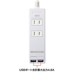 サンワサプライ USBシャッター付きタップ(2P・2個口・3m) ホワイト TAP-B110USH-3W-イメージ2