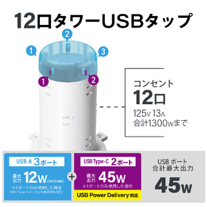 エレコム タワー型電源タップ(12個口・USB-Cポート×2/USB-Aポート×3・2m) 45W ホワイト ECT-2220WH-イメージ2