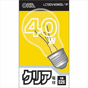 オーム電機 白熱電球 E26口金 全光束460lm(40W クリア電球タイプ) 電球色相当 LC100V40W55/1P-イメージ1