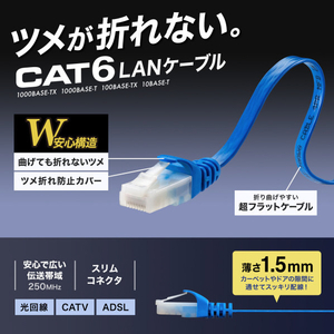 サンワサプライ カテゴリ6フラットLANケーブル(ツメ折れ防止コネクタ付き・15m) ブルー LA-FL6TS-15BL-イメージ3