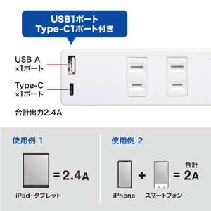 サンワサプライ USB充電機能付きタップ Type-C搭載(2P・2個口・2m) TAP-B101UC-2W-イメージ4